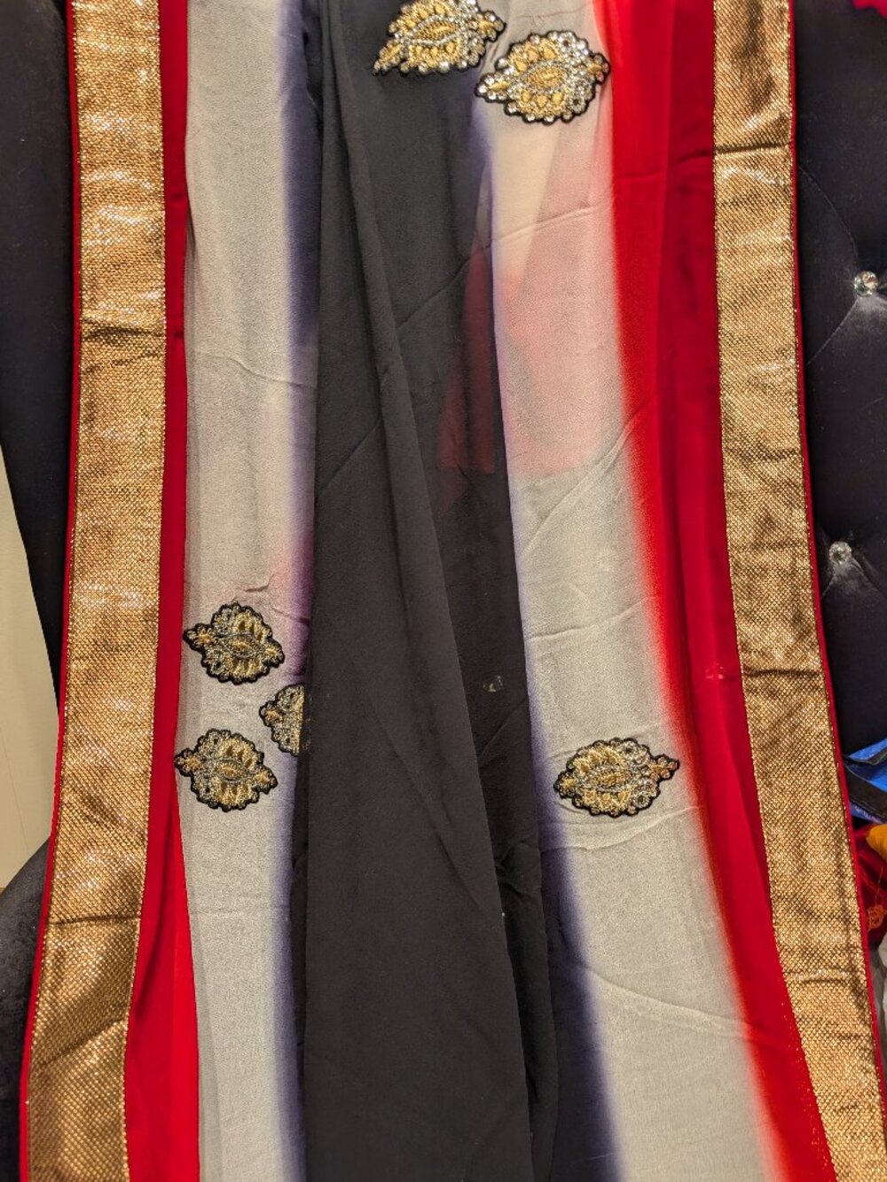 Pretty Red Black & Cream Saree with Gold